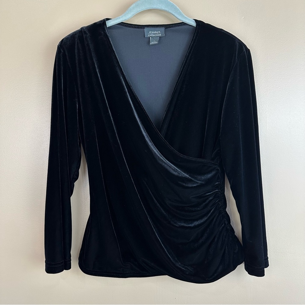 Vintage Y2K Dressbarn Black Velvet Faux Wrap Top Large Goth Whimsigoth Witchy